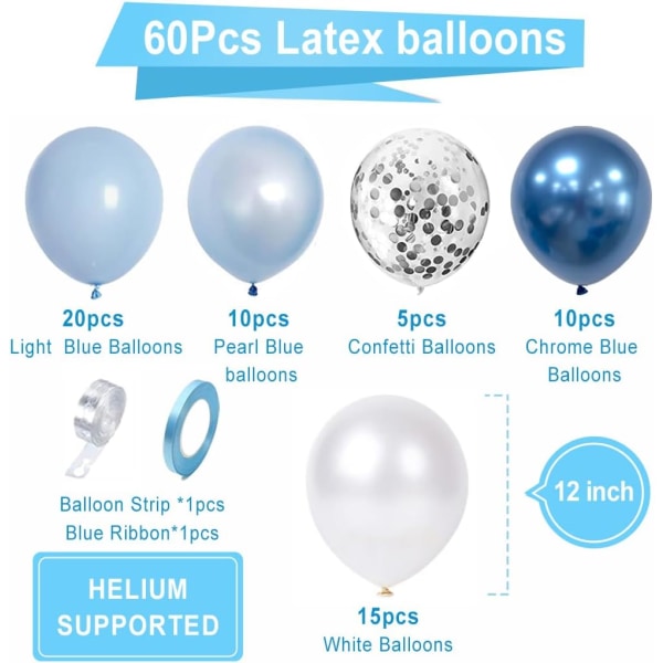Blå set, 60 delar ballonger, ljusblå ballonger, blå w