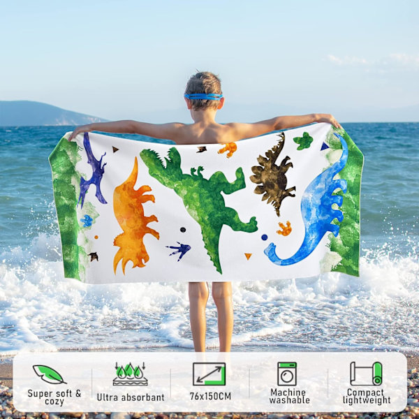 Dinosaurie strandhandduk - Vattenfärg Dino 70 x 150 cm Polyester Campinghanddukar för pojkar Barn Snabbtorkande U