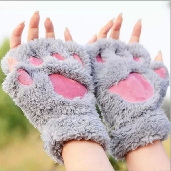 Damvantar - Vintervante för tjejer Cat Paw Handskar - Plyschvante Halvfinger vinterhandskar - Söt för varma fleecehandskar Vante i tecknat mönster