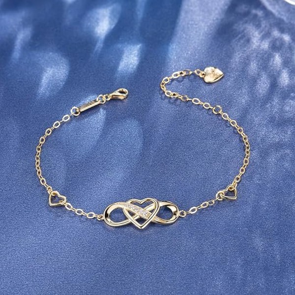 (Guld) Damarmband 925 Sterling Silver Infinity Hjärta Vitguld Pläterad Cubic Zirconia Justerbart Armband Bästa Present till Kvinnor