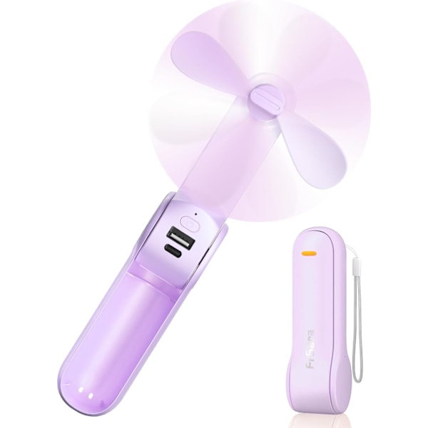 (Lavender) Portable handheld fan rechargeable, USB charging small pocket fan, 2000mAh battery with mobile power, upgrade