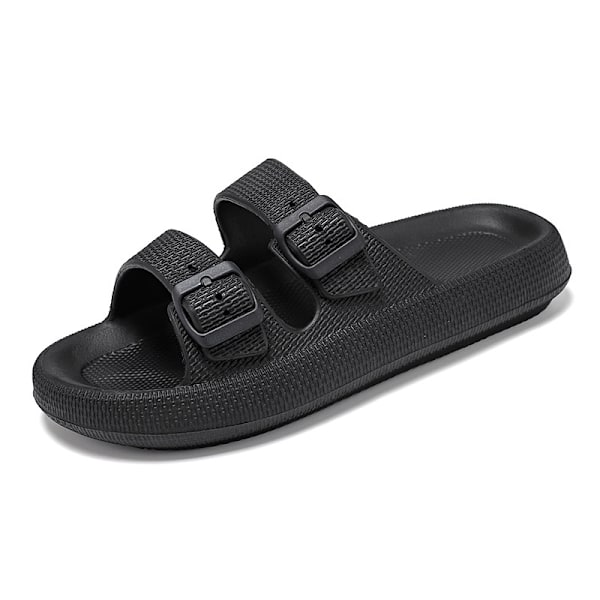 (S) 1 pair of black unisex sandals - pillow slippers - double buckle adjustable slippers - EVA flat sandals