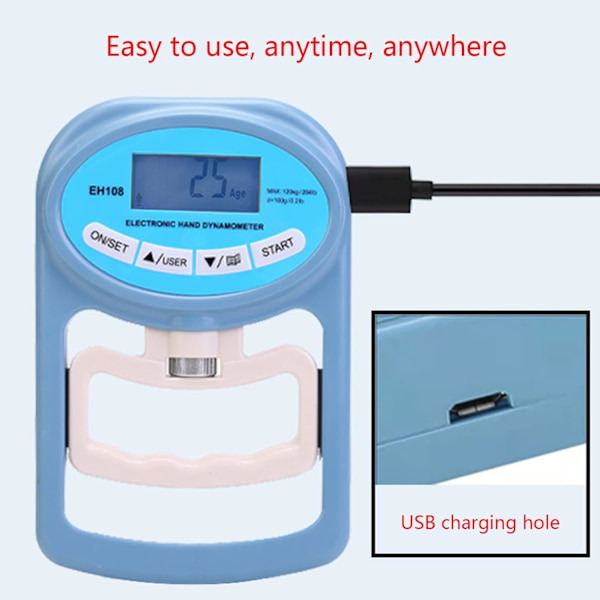 Blå Greppstyrketestare, 180 kg Digital Hand Dynamometer Greppstyrkemätare USB LCD-Skärm Handhantel