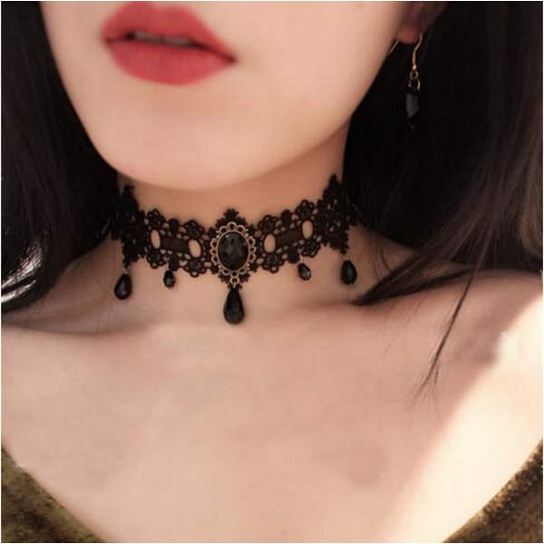(Svart) Gothic Halsband för kvinnor Svart Spets Choker Halsband Goth