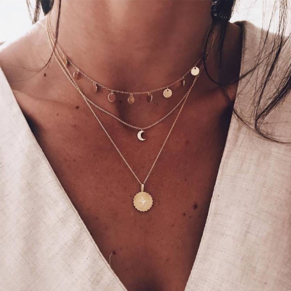2 st guld Sun Moon hänge Choker halsband glitter med kristall för kvinnor flickor