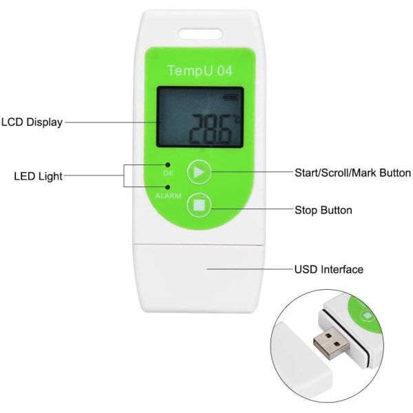 (Grön) Termometer Datalogger Multipurpose USB Temperaturlogg