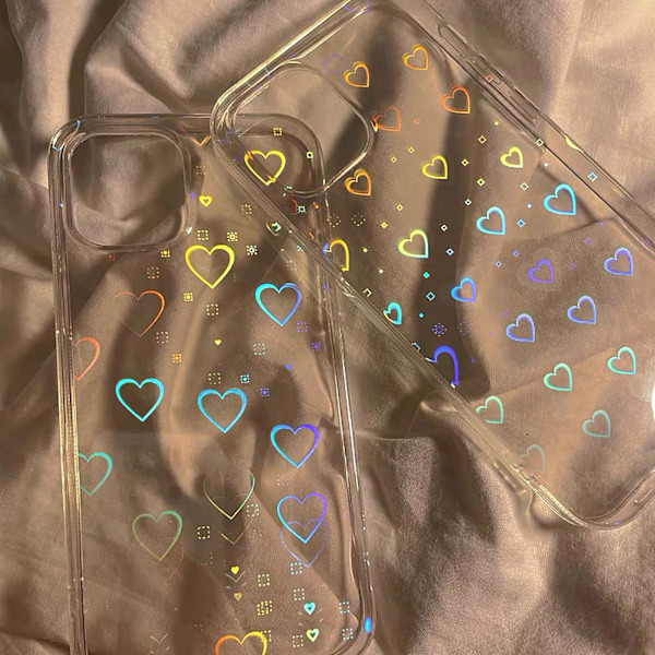 iPhone 14 Etuier Krystalklart Sødt Holografisk Hjertemønster til Kvinder Piger Transparent Fashion Glitter Silic