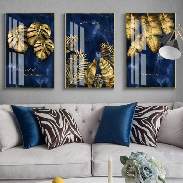 60x80cm×3st Nordic Luxury Marinblått Guld Abstrakt Textur Canvas
