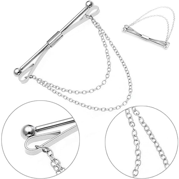 Halsbandsklämma för män (med kedja, silver), skjorthalsbandsklämma för pojkar, slipsnål
