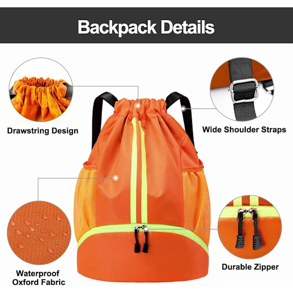 (Oransje) Sports Drawstring Backpack - Drawstring Swim Gym Bag med skoskuff og fuktsikker lomme for menn og kvinner