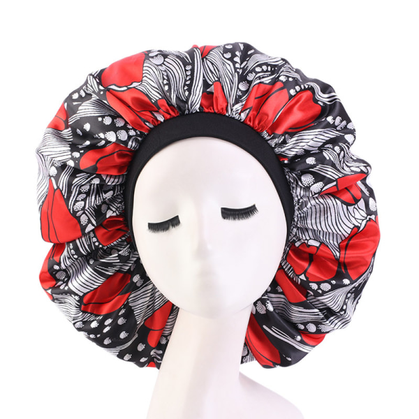 Bonnet de nuit rond, imprimé et élastique (fleurs noires et rouge