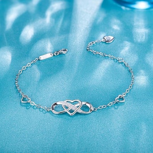 (Sølv) Damearmbånd 925 Sterling Sølv Infinity Hjerte Hvitgullbelagt Kubisk Zirkonia Justerbart Armbånd Beste Gave til Kvinner