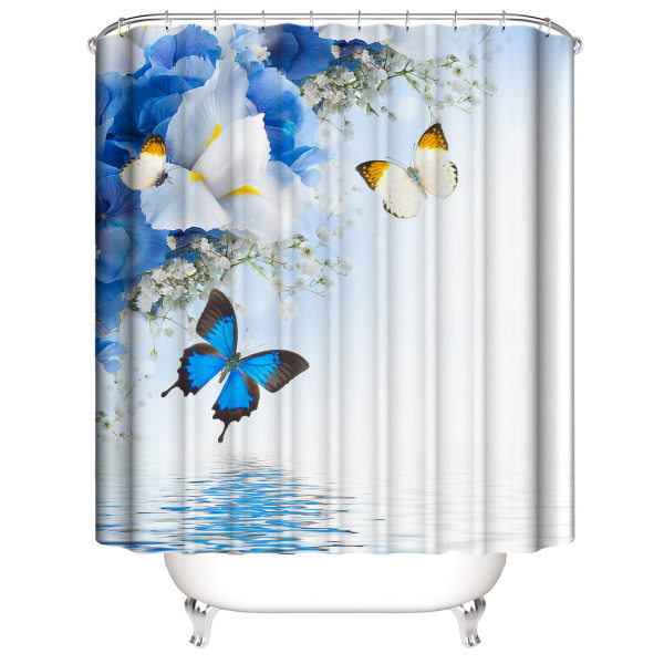 3D printed duschdraperi-180*180cm blå fjärilar och blommor