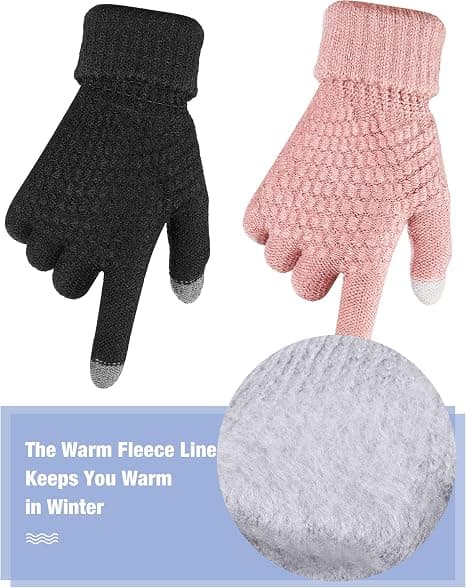 (Rosa, Svart) 2 par dam vinter touch screen handskar, varma stickade handskar, elastiska manschetter, vinter sms handskar med tjock