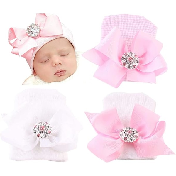 (Pink + White) 3 pieces of baby turban hats, newborn hats, bows, cute elastic butterflies, children's hats, suitable for boys and