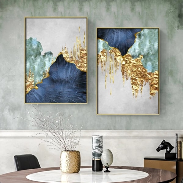 Vardagsrum dekorationsmålning - Blå och guld kurva - 30*40*3,