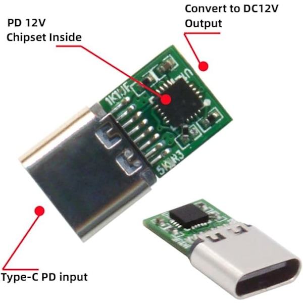 USB-C till DC 12V adapter (5,5x2,1 mm), USB 3.1 typ C-anslutning till