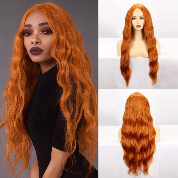 peruk för kvinnor med långt lockigt orange hår