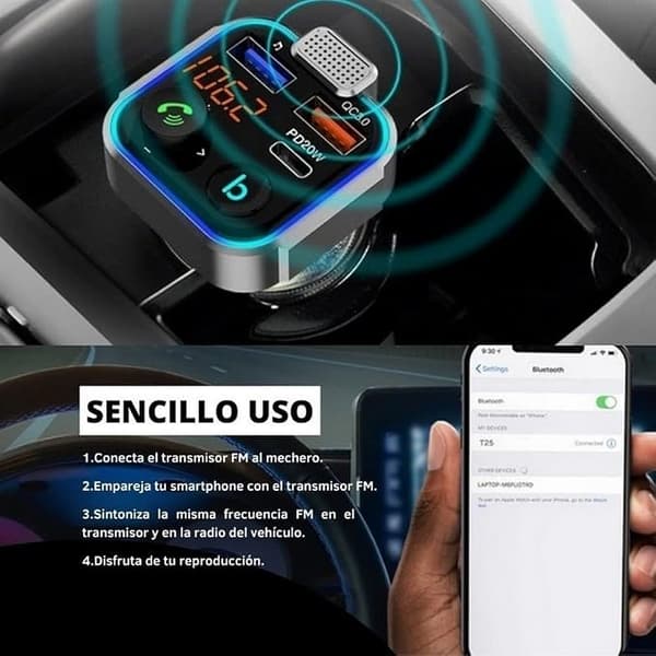 Bluetooth FM-sändare - 3 Laddningsportar: x2 USB QC3.0 + x1 PD