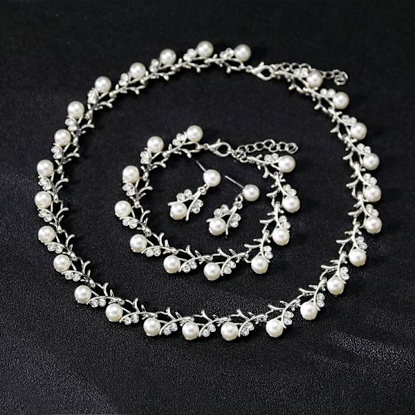 Pärlhalsband Set, Legering med Diamant Halsband, Örhängen och Thr