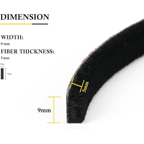 (Svart) självhäftande borsttätningslist, 6 m (längd) x 9 mm (bredd) x 5 mm (tjocklek), högdensitetsfilt dörrborststr