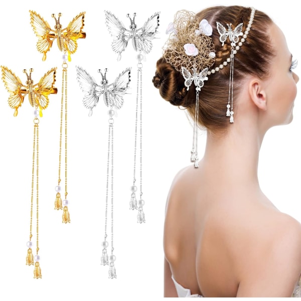 4 st (guld + silver) Butterfly Hair Clips Pins, Alloy Glitter B