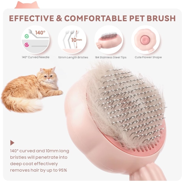 Hund- och kattborste, självrengörande, långt kort hår i One-Touch-design, massagekammar och Effective R