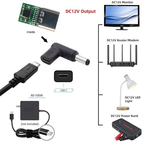 USB-C till DC 12V adapter (5,5x2,1 mm), USB 3.1 typ C-anslutning till