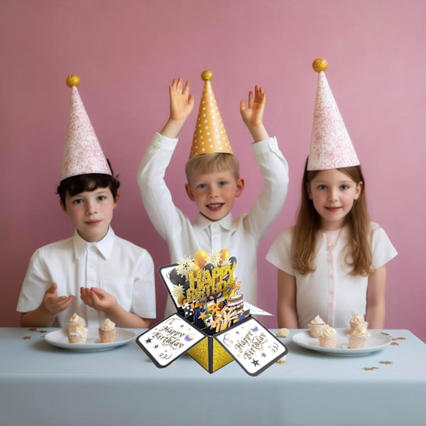 (Hyvää syntymäpäivää - Kulta) 3D Hyvää syntymäpäivää -kortti, Paper Pop-up syntymäpäiväkortti Onnittelukortti tyhjällä kortilla ja E