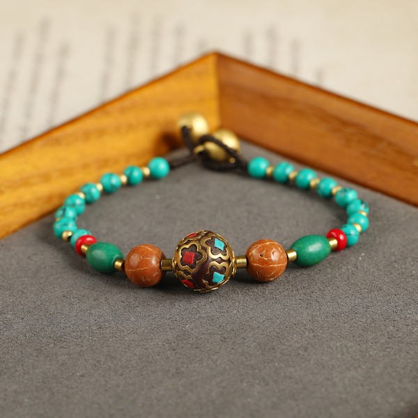 Tibetanskt armband för kvinnor vintage stil naturliga vita jadepärlor färgade i turkos onyx antika kopparfärgade pärlor