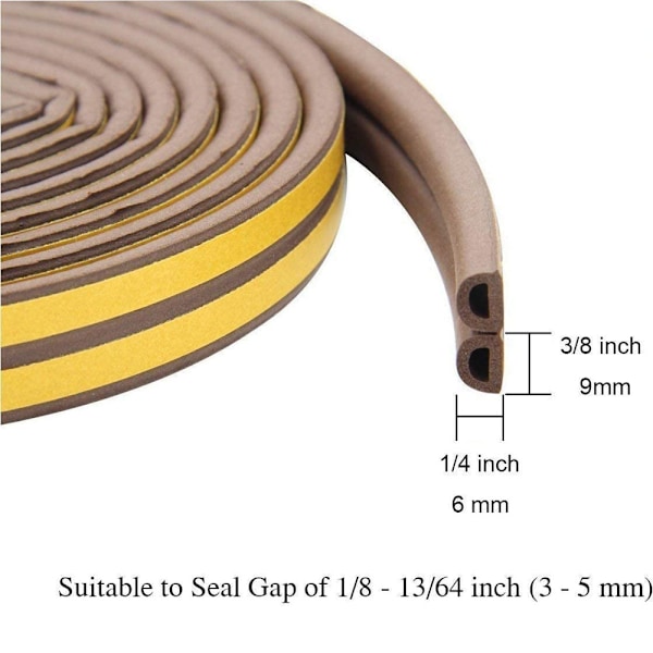 Dør-/vindustetningsteip for omkrets (brun, 9 mm * 6 mm * 6 m), selvklebende, lydisolerende og værbestandig stripe, D-form