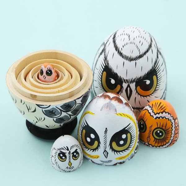 Set av 5 tecknad uggla djurtema trä rysk häckande docka, ägg