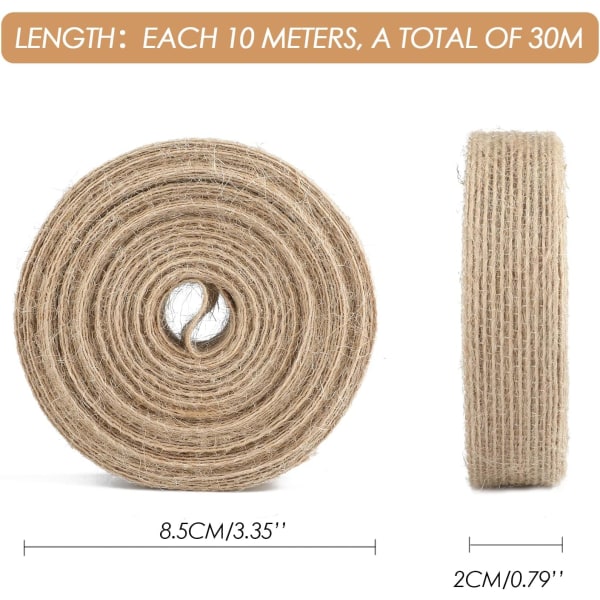 3 rullar hessianband, (2 cm) 30M naturligt säckband Juteband