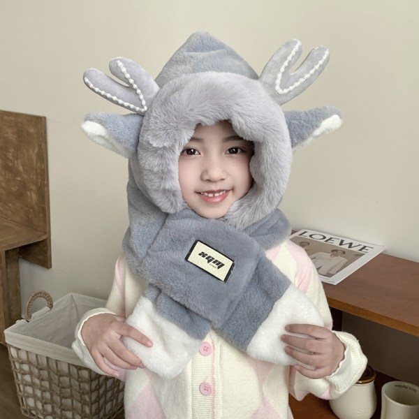 Antler plysch varm halsduk för barn mössa 2-i-1, grå