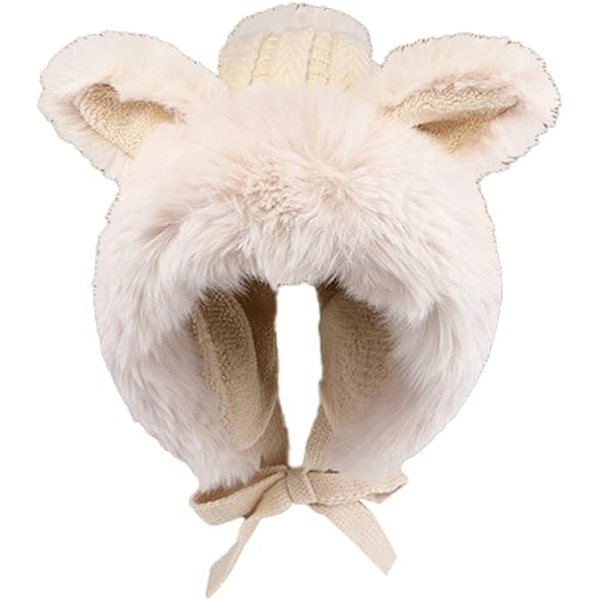 (Beige) Naisten söpö kettukorvahattu turkismainen lämmin neulottu trapperhattu beanie löysä virkattu hattu talvihattu