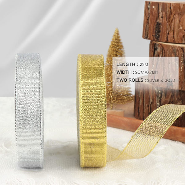 2 rullar av (20 mm x 25 m) julband, guld och silver organza