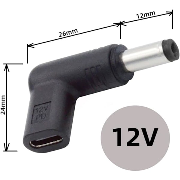 USB-C till DC 12V adapter (5,5x2,1 mm), USB 3.1 typ C-anslutning till