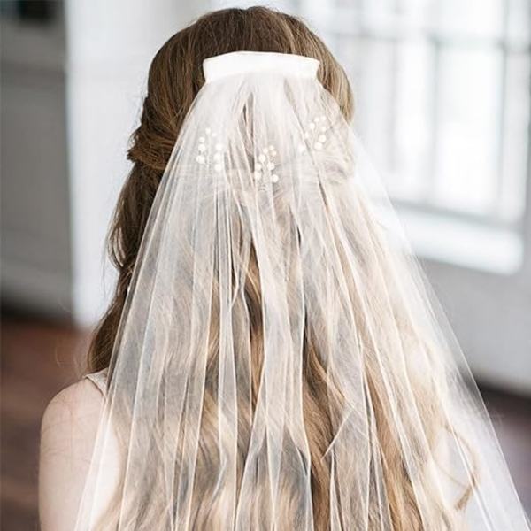 (Vit.3M) Brudslöja, lång, elfenbensvit, golvlång, 3M, elegant