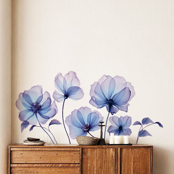 Blå blomstrende blomsterklistremerker til vegg, soverom, stue, TV-bakgrunn, hjemmedekor