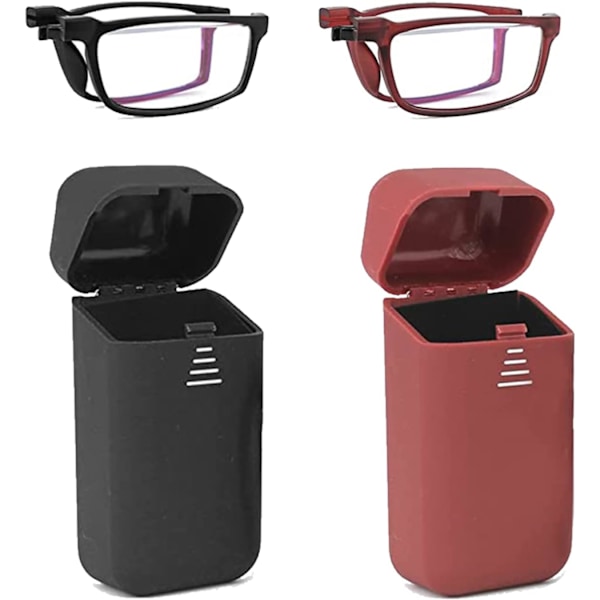 (Red、Black)2 Pairs  3.00 Foldable Reading Glasses Portable Easy to Carry Folding Blue Light Blocking Reader with Glasses Case