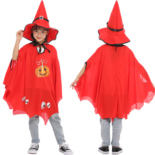 (Röd) Halloween-häxkappa för barn med hatt för barn - Hudvänlig, ca