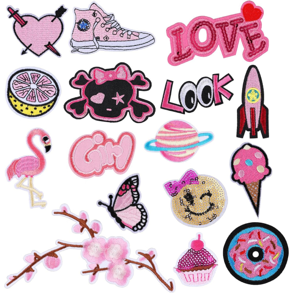 16 st rosa tema strykjärnslappar set, fjäril flamingo design