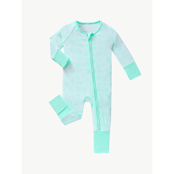 (M) Grön bokstavs rayon tillverkad av bambufiber baby pyjamas, sommar kortärmad fotlös onesie, tvåvägs dragkedja pyjamas