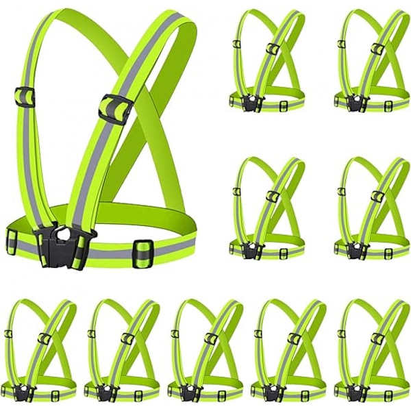 10 Pcs Reflective Vest(Fluorescent Green) - Running Vest Reflector, Reflective Running Vest with Safety Straps