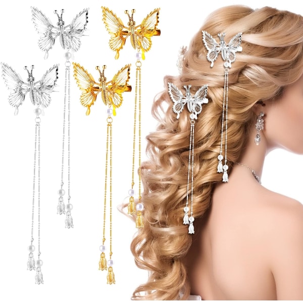 4 st (guld + silver) Butterfly Hair Clips Pins, Alloy Glitter B