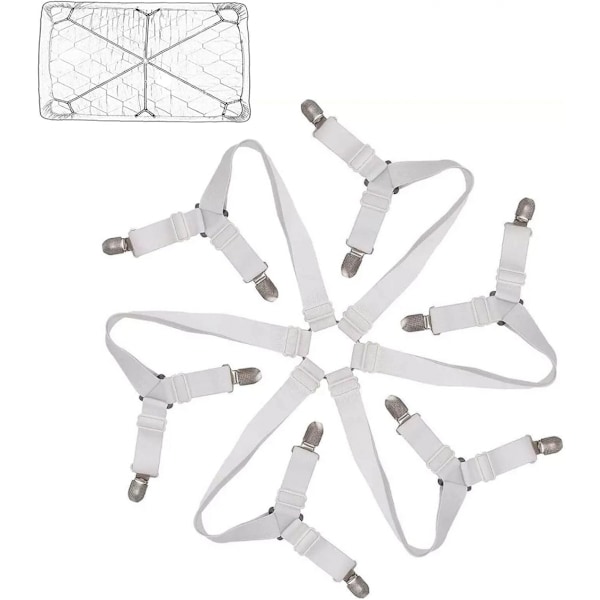 Lakanfästen hållare (vit) - Justerbara elastiska lakanhållare remmar, 6-vägs korslakan clips hängslen band