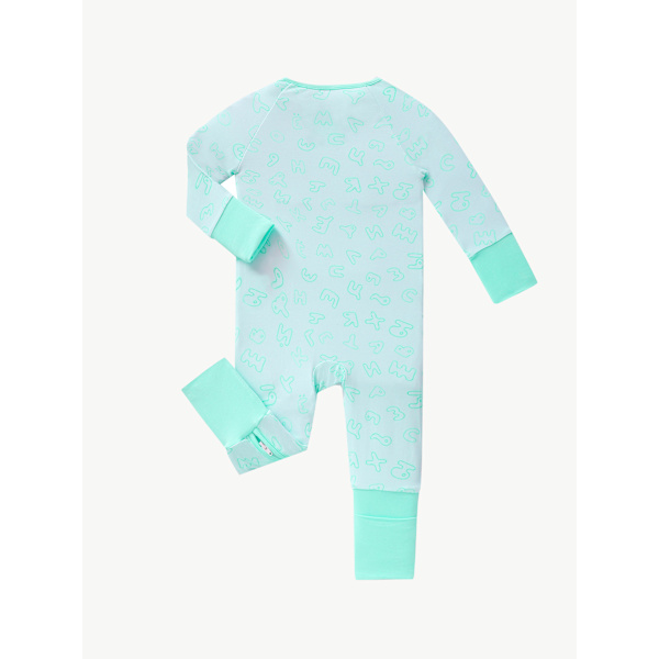 (M) Grön bokstavs rayon tillverkad av bambufiber baby pyjamas, sommar kortärmad fotlös onesie, tvåvägs dragkedja pyjamas