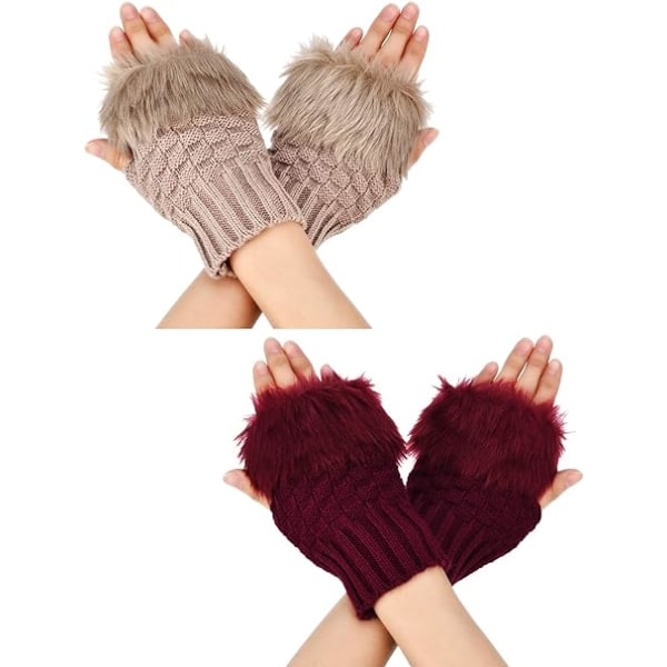 (Camel + Burgundy) 2 Par Fingerlösa Vinterhandskar Kort Touch S