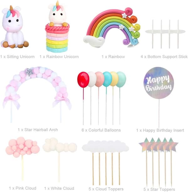 Unicon Cake Topper Dekoration 27 st inklusive 7 moln, 1 regnbåge