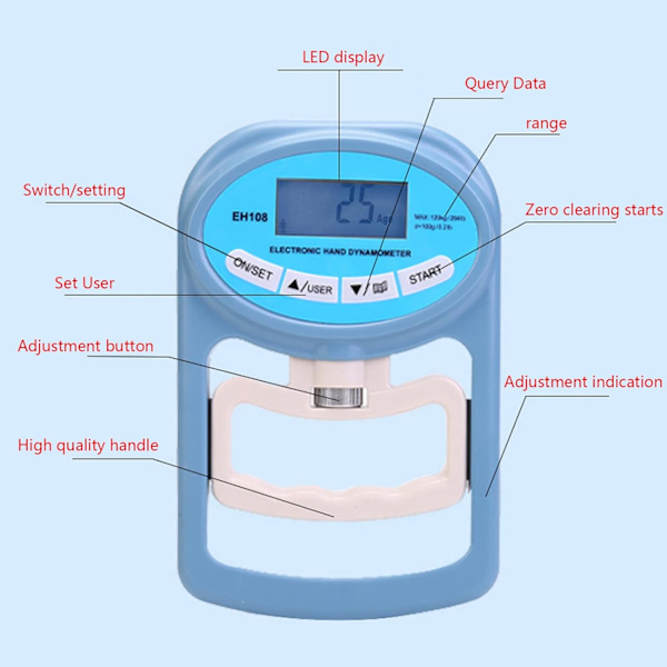 Blå Greppstyrketestare, 180 kg Digital Hand Dynamometer Greppstyrkemätare USB LCD-Skärm Handhantel
